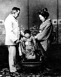 Lafcadio Hearn (Koizumi Yakumo), wife Setsuko Koizumi, and child in Matsue, Japan