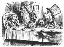 Tenniel's illustration of Alice, the March Hare, the sleeping Dormouse, and the Mad Hatter, at tea.